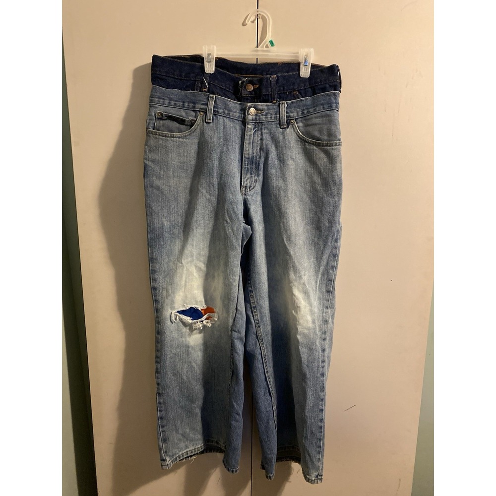 IZOD Jeans Mens 33x29 Blue Good Reworked Double Waistband Stacked Y2K Distressed